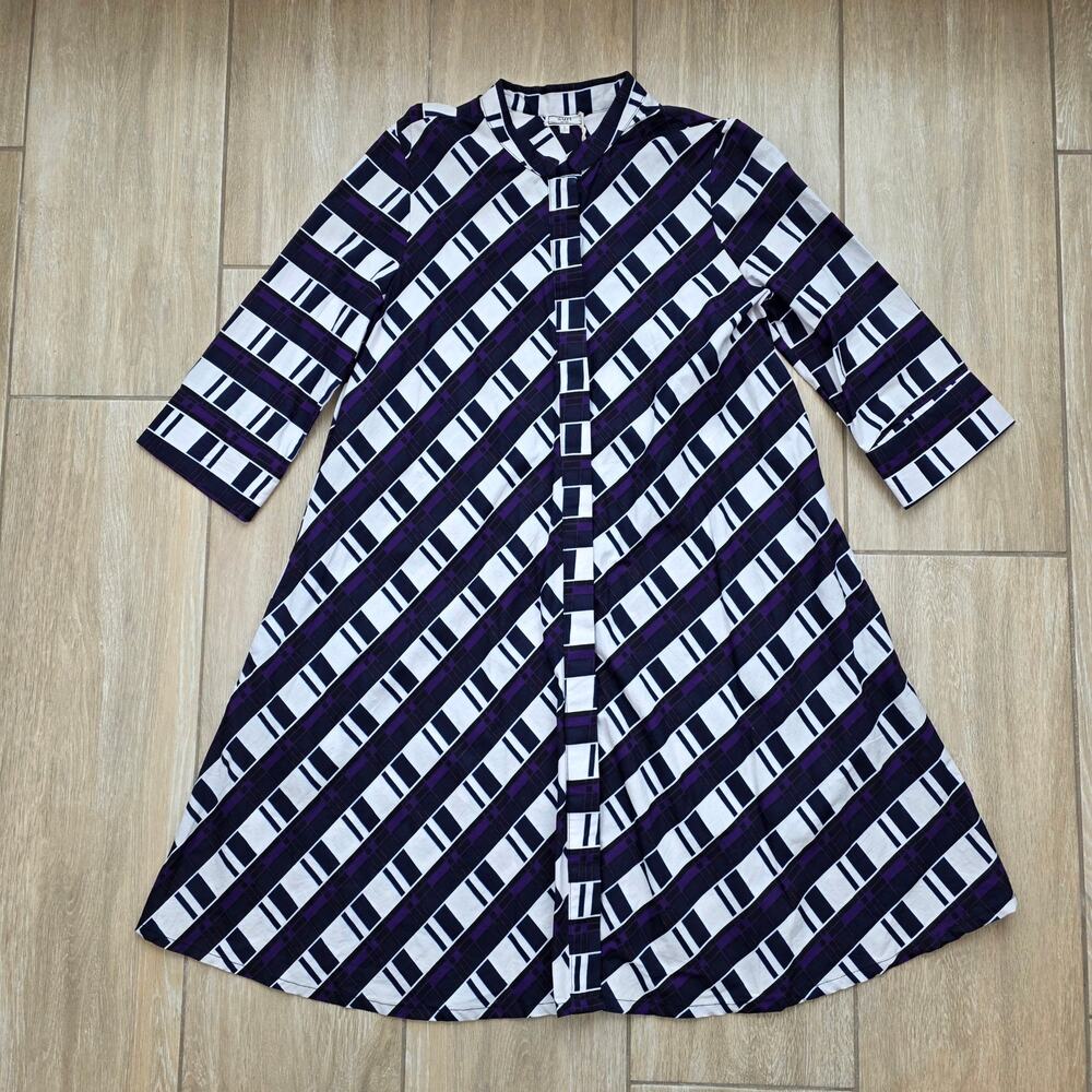 Zuri Kenya Shirt Dress S Cotton Geometric Navy Purple White Pockets